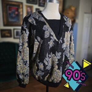 Vintage 90s Top Notch Metallic Floral Knit Sweater Black Gold V-Neck Long Sleeve
